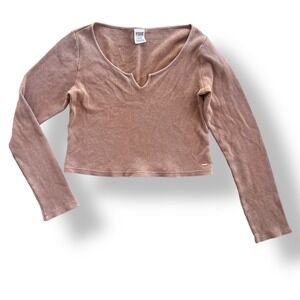 PINK Victoria's Secret Womens L Tan Camel Waffle Knit Thermal Crop Top Cozy Boho
